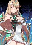  1girl 1girl alluring armor bare_shoulders big_breasts blonde_hair cleavage cleavage_cutout clothing_cutout dress gem gloves headpiece lo_xueming long_hair looking_at_viewer mythra nintendo swept_bangs sword tiara weapon xenoblade_(series) xenoblade_chronicles_2 yellow_eyes 