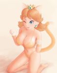 1girl :p barefoot belly big_breasts bikini blonde_hair blue_eyes breasts brown_hair cat_daisy cat_ears cat_girl cat_tail cleavage crown feet female_only huge_breasts human jewelry kneel looking_at_viewer mario_(series) midriff nintendo one_eye_closed orange_bikini princess_daisy saf-404 safartwoks safartworks sideboob smile super_mario_3d_world super_mario_bros. swimsuit tail thick_thighs tongue tongue_out w_arms wide_hips