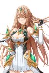  1girl 1girl alluring armor bare_shoulders big_breasts blonde_hair blush cleavage dress elbow_gloves gloves headgear high_res long_hair looking_at_viewer mythra nintendo redpoke simple_background very_long_hair white_background xenoblade_(series) xenoblade_chronicles_2 yellow_eyes 