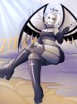  angel angel_girl angel_wings black_halo boots clothed female gloves goth halo hazbin_hotel lute_(hazbin_hotel) sfw sitting solo solo_female solo_focus thick_thighs thighs twitter veeepawoon vivienne_medrano wings 