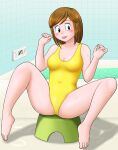  :p bathroom brown_hair legs_spread mai_machiko maicching_machiko-sensei one-piece_swimsuit sfw short_hair tagme tongue_out yellow_swimsuit 