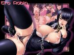  1girl bdsm black_clothes black_jacket black_legwear black_thighhighs blush bondage bound breasts breasts_outside chains collar cuffs cum cum_on_lower_body facial fingering holding_panties kagami_hirotaka large_breasts leash legwear masturbation nico_robin no_panties one_piece open_clothes open_jacket open_shirt open_zipper penis pussy solo thighhighs tongue tongue_out uncensored zipper 