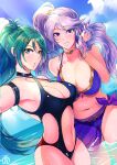 2_girls alluring alternate_costume ass_visible_through_thighs bare_thighs big_breasts black_one-piece_swimsuit black_swimsuit breasts cleavage color earrings female_only fire_emblem fire_emblem:_genealogy_of_the_holy_war green_eyes green_hair ishtar_(fire_emblem) kurono_kiria long_hair looking_at_viewer multiple_girls nail_polish nintendo ocean one-piece_bikini one-piece_swimsuit open_mouth outside partially_submerged ponytail purple_bikini purple_eyes purple_hair purple_nails purple_swimsuit reaching_out revolverwingstudios sarong see-through selfpic side_ponytail smile thick_thighs thighs tokyo_mirage_sessions_#fe very_long_hair water