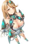 1girl alluring armor bare_shoulders big_breasts blonde_hair cleavage_cutout closed_mouth clothing_cutout core_crystal_(xenoblade) covered_navel dress elbow_gloves gloves hand_on_own_hip high_res long_hair looking_at_viewer mythra nintendo sail_(sail-away) short_dress smile swept_bangs thigh_strap tiara white_background white_dress white_gloves xenoblade_(series) xenoblade_chronicles_2 yellow_eyes