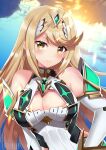  1girl 1girl alluring armor artist_name bare_shoulders big_breasts blonde_hair blush cleavage cleavage_cutout clothing_cutout earrings elbow_gloves felielle gem gloves hair_ornament headpiece jewelry long_hair looking_at_viewer mythra nintendo shoulder_armor smile swept_bangs tiara upper_body very_long_hair watermark xenoblade_(series) xenoblade_chronicles_2 yellow_eyes 