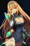 1girl :p alluring big_breasts black_thighhighs blonde_hair circlet cleavage cleavage_cutout closed_mouth clothing_cutout core_crystal_(xenoblade) cowboy_shot dress elbow_gloves gloves high_res labebebe_lee long_hair looking_at_viewer mythra nintendo simple_background smile stockings swept_bangs thigh_strap tongue tongue_out very_long_hair white_dress white_gloves xenoblade_(series) xenoblade_chronicles_2 yellow_eyes