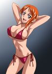 1girl alluring armpits arms_up bikini brown_eyes female happy nami nami_(one_piece) nel-zel_formula one_piece open_mouth orange_hair side-tie_bikini smile solo standing swimsuit teeth tongue 