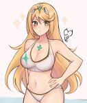 1girl alluring big_breasts bikini blonde_hair cleavage core_crystal female_only looking_at_viewer mythra nintendo purrlucii swimsuit xenoblade_(series) xenoblade_chronicles_2 yellow_eyes