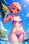  ai_generated bikini female_focus happy horns mina_ashido my_hero_academia navel palm_tree pink_hair sky sun sunshine 