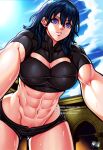  1girl abs alluring athletic_female big_breasts blue_eyes byleth_(fire_emblem) byleth_(fire_emblem)_(female) cleavage female_abs female_only fire_emblem fire_emblem:_three_houses fit_female from_below jadenkaiba long_hair looking_down naughty_face nintendo seductive solo_female source_request teal_hair thick_thighs topwear 