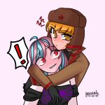 ! 2023 blush duo emikukis fanart hugging just_nova owozu simple_background solid_color_background vtuber