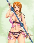1girl ameoto bangle blush bracelet breasts cleavage clima-tact erect_nipples jewelry log_pose nami nami_(one_piece) navel necklace one_piece one_piece:_pirate_warriors open_mouth orange_eyes orange_hair panties shirt short_hair skirt solo sweat tattoo torn_clothes torn_shirt torn_skirt uncensored underwear