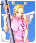  1girl bazooka blonde_hair blue_eyes breast_squeeze breasts conis huge_breasts one_piece pitbull skypiea solo weapon wings 