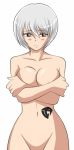  1girl artist_request asaishi blush breasts brown_eyes covering covering_breasts embarrassed fairy_tail large_breasts navel nude short_hair silver_hair solo yukino_aguria 