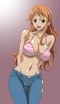1girl alluring arm arms arms_behind_back babe bare_shoulders belly big_breasts bikini bikini_top breasts brown_eyes cleavage collarbone curvy denim erect_nipples female hair happy highres jeans large_breasts looking_at_viewer midriff mound_of_venus nami nami_(one_piece) navel neck nel-zel_formula one_piece orange_eyes orange_hair pants pink_bikini purple_background shiny shiny_hair shiny_skin smile solo standing straw_hat_pirates swimsuit tattoo tattooed_arm