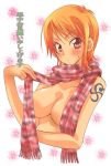  1girl blush breasts censored convenient_censoring kurione nami one_piece orange_hair pink_eyes scarf short_hair solo sweatdrop tattoo topless yu-ri_(kurione-sha) 
