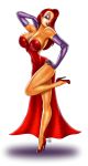  arm_gloves ass babe big_breasts breasts cleavage disney dress earrings elbow_gloves female green_eyes hair high_heels hips jessica_rabbit legs lipstick posing red_hair smile white_background who_framed_roger_rabbit woman 