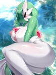  areola ass big_ass big_breasts big_breasts exposed_breasts finger_over_mouth gardevoir green_hair hair_over_one_eye nipples pok&eacute;mon_(species) pokemon red_eyes sana!rpg short_hair shushing thick_thighs white_body white_skin 