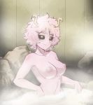  1_female 1_girl 1girl black_sclera completely_nude eyebrows_visible_through_hair female female_only fishywishy high_resolution horns looking_at_viewer mina_ashido my_hero_academia nipples nude onsen pink_hair pink_skin shiny shiny_skin short_hair smile solo very_high_resolution water yellow_eyes 