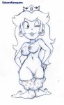  1girl 1girl areola areola breasts crown eyelashes female_focus female_only female_solo front_view hair hands_on_hips lips lipstick monochrome navel nintendo nipples on_knees one_eye_closed princess_peach pussy pussy royalty sakusakupanic sketch solo_female solo_focus super_mario_bros. underwear underwear_down wink 