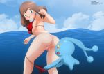  1girl alluring anus ass assisted_exposure bikini blue_eyes female female_human haruka_(pokemon) in_water looking_at_viewer manaphy may mostly_nude outdoor outside panties_down panties_pulled_down pokemon pokemon_(creature) pussy swimsuit zel-sama 