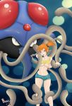  bouncycg breasts exposed_breasts female female_human kasumi_(pokemon) looking_at_viewer misty no_bra partially_clothed pokemon shorts size_difference tentacle tentacruel 