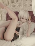  1girl alluring artist_name ass black_lingerie breasts cup drink indoors legs_up letdie1414 lingerie looking_at_viewer nakiri_alice on_bed patreon patreon_username red_eyes seductive shokugeki_no_souma silver_hair smile tights 