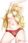  1girl 1girl 1girl ahoge alfred_cullado archway_of_venus areola areola_slip artist_name big_breasts blonde blush breasts gluteal_fold high_resolution long_hair navel no_bra one_arm_up open_mouth panties patreon_logo patreon_username purple_eyes red_panties rwby stretch thighs under_boob underwear upshirt very_long_hair viewed_from_below watermark web_address white_background yang_xiao_long 