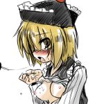  1girl blonde_hair blush breasts cum cum_in_mouth cum_on_body cum_on_breasts cum_on_upper_body cum_string hat looking_at_viewer lowres lunasa_prismriver nipples open_mouth profile shirt_lift short_hair simple_background solo sweat tongue touhou upper_body white_background 