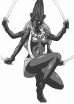 1girl anklet armband armlet artist_request bracelet breasts dark-skinned_female dark_skin earrings grey_skin hindu hinduism jewelry kali monochrome monster_girl multiple_arms necklace nipples no_pupils religion simple_background skull skull_necklace solo sword topless weapon white_background