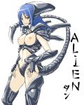  1girl alien alien_(movie) blue_hair breastless_clothes breasts cosplay costume edo_tatsuki large_breasts long_hair looking_at_viewer nipples personification red_eyes serious solo tail thighhighs xenomorph 