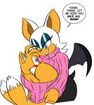  1boy 1girl anthro bat fox furry glassfish miles_&quot;tails&quot;_prower older_female open_chest_turtleneck rouge_the_bat sega shared_clothes sonic_the_hedgehog_(series) sweater younger_male 