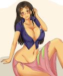  arm_support belly black_hair blue_shirt blush breasts brown_eyes bursting_breasts center_opening cleavage collarbone crop_top curvy erect_nipples eyelashes glasses glasses_on_head groin hair hair_slicked_back hand_up highres knee_up large_breasts legs long_hair looking_at_viewer midriff momo_765 navel nico_robin no_bra no_panties one_piece open_clothes open_shirt pink_skirt sarong shirt short_sleeves side_slit sitting skirt smile solo sunglasses sunglasses_on_head thighs unzipped zipper 