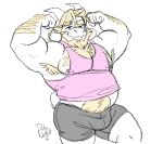  1boy 2010s 2016 2d 2d_(artwork) anthro anthro_only armpit_hair artist_name artist_signature asgore_dreemurr bara beard blonde_hair boss_monster bulge bulge_through_clothing caprine chest_hair clothed clothing color digital_media_(artwork) dilf duly_noted ear facial_hair flexing flexing_bicep furry furry_only goat goat_horns hair horn horns hotpants long_ears looking_at_viewer male male_anthro male_only mammal mammal_humanoid muscle muscular muscular_male nipples pink_tank_top simple_background solo_anthro solo_male tail tail_tuft tank_top undershirt undertale undertale_(series) video_game_character video_game_franchise video_games white_background white_fur 