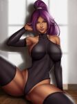  1female 1girl 1girl anime artist_name big_breasts black_armwear black_boots black_leotard bleach breasts cleavage curvaceous dark-skinned_female dark_skin female_only fit_female flowerxl hand_behind_head hand_on_head legs_up long_hair looking_at_viewer pink_lips pink_lipstick pinup ponytail purple_hair shihouin_yoruichi shounen_jump sitting stockings sunlight tail thunder_thighs yellow_eyes 