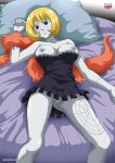  1_girl 1girl areolae arm arms art babe bare_legs bare_shoulders bed big_breasts black_dress blonde blonde_hair breasts breasts_apart breasts_out breasts_outside dress empty_eyes feather_boa female grey_skin jewelry large_breasts legs looking_at_viewer lying neck necklace nipples no_panties on_back one_piece palcomix pillow purple_eyes pussy scar serious short_dress short_hair solo strapless strapless_dress tattoo uncensored victoria_cindry zombie 