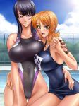  2girls alternate_costume black_hair blush breast_press breasts competition_swimsuit highleg highleg_swimsuit hips huge_breasts kagami_hirotaka multiple_girls nami nico_robin one-piece_swimsuit one_piece orange_hair pantyhose pool school_swimsuit shiny shiny_clothes spandex swimsuit tattoo thighs tights wide_hips 