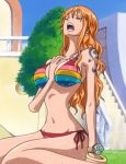  1girl big_breasts bikini female female_only hand_between_breasts nami one_piece solo swimsuit wet 