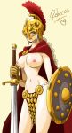  1_girl 1girl areolae arm armor arms art babe bare_legs big_breasts bikini_armor blonde_hair blue_eyes breasts breasts_apart cape character_name female gloves hair heart helmet high_res highres holding large_breasts legs long looking_at_viewer navel neck nipples one_piece open_mouth rebecca_(one_piece) revealing_clothes shield simple_background solo standing sword topless warrior weapon whitehe-arts 