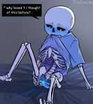 1cuntboy 2010s 2016 2d 2d_(artwork) animated_skeleton arm_support artist_name bed biting_clothes biting_shirt blue_blush blue_pussy blush bottomless comic_sans cuntboy cuntboy_only digital_media_(artwork) doiduh ectopussy english_text fingering fingering_self glowing glowing_genitalia glowing_pussy gradient_background grey_background masturbation on_bed pussy pussy_juice sans sans_(undertale) shirt_only shirt_up sitting sitting_on_bed skeleton solo_cuntboy text third-party_source undead undertale undertale_(series) vaginal vaginal_masturbation video_games