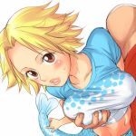  1boy 1girl blonde_hair blush breast_grab breasts brown_eyes caimie camie grabbing grope groping lips looking_at_viewer mermaid midriff monkey_d._luffy monster_girl mosha one_piece parted_lips shirt short_hair simple_background sweatdrop taut_clothes taut_shirt white_background 