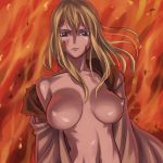  1girl blonde_hair breasts fairy_tail fire flame huge_breasts milf mosha nico_olvia nipples open_clothes open_shirt orange_background shirt solo 