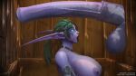 blizzard_entertainment chaossu3d cleavage elf_ears face_paint glory_hole glowing_eyes green_hair horsecock huge_breasts hyper_penis imminent_sex lipstick long_ears long_penis mouth_open night_elf nipples outhouse purple_penis purple_skin surprised_expression tyrande_whisperwind world_of_warcraft