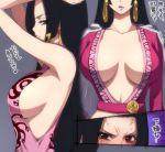  1girl angry armpits black_hair blush boa_hancock breasts brown_eyes cape cleavage earrings hairu jewelry large_breasts long_hair one_piece profile sideboob solo translated 