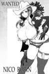  areola_slip areolae belt breasts cameltoe condom condom_packet_strip condom_wrapper condoms hips huge_breasts long_hair monochrome naughty_face nico_robin nipple_slip nipples one_piece one_piece_film_z rebis short_shorts shorts thigh_strap thighhighs wide_hips 