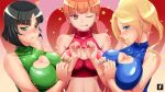  3_girls 3girls bangs bare_shoulders big_breasts black_hair blonde_hair blossom_(ppg) blue_eyes bob_cut boob_window breasts bubbles_(ppg) buttercup_(ppg) cartoon_network cleavage cleavage_cutout clothing_cutout earrings female_focus fingers green_eyes hands heart heart_cutout huge_breasts jewelry long_hair looking_at_viewer multiple_girls nail_polish one_eye_closed orange_hair pink_eyes pout powerpuff_girls red_eyes red_hair short_hair siblings sisters stars tagme teng_zhai_zi tongue tongue_out twin_tails 
