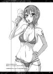 1girl bikini breasts cleavage curvy food groin hand_on_hip highres hips ice_cream isao isao-majimeya large_breasts licking monochrome mound_of_venus nami nami_(one_piece) one_piece sexually_suggestive short_hair solo suggestive_fluid swimsuit tattoo translation_request