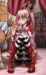  1girl big_breasts blush boots cameltoe crown cum cum_on_face facial fellatio highres kumacy long_hair monster one_piece oral penis perona pink_hair ragathol red_lipstick striped striped_legwear striped_pantyhose thriller_bark twin_tails twintails two-handed_handjob uncensored zombie 