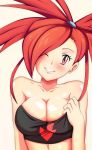 1_girl 1girl alluring asuna_(pokemon) babe bare_shoulders big_breasts black_shirt blush bow breasts bursting_breasts cleavage collarbone crop_top deviantart ears female flannery grin gym_leader hair_bow hair_ornament hair_ornaments hair_over_one_eye happy huge_breasts large_breasts lips long_hair looking_at_viewer midriff neck nintendo no_bra one_eye_closed pokemon pokemon_(game) pokemon_rse ponytail red_eyes red_hair redhead shiny shiny_skin shirt smile solo strapless teeth tubetop vivivoovoo wink 