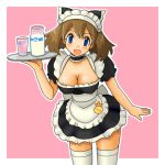  1_girl 1girl alternate_breast_size alternate_costume alternate_headwear arm arms art big_breasts blue_eyes blush bottle breasts brown_hair cleavage drink erect_nipples glass happy haruka_(pokemon) hat large_breasts legs looking_at_viewer may milk nintendo odamaki_sapphire open_mouth pokemon pokemon_(anime) pokemon_(game) pokemon_rse short_hair smile solo standing thighhighs tray tsumitani_daisuke waitress white_border white_legwear white_thighhighs 